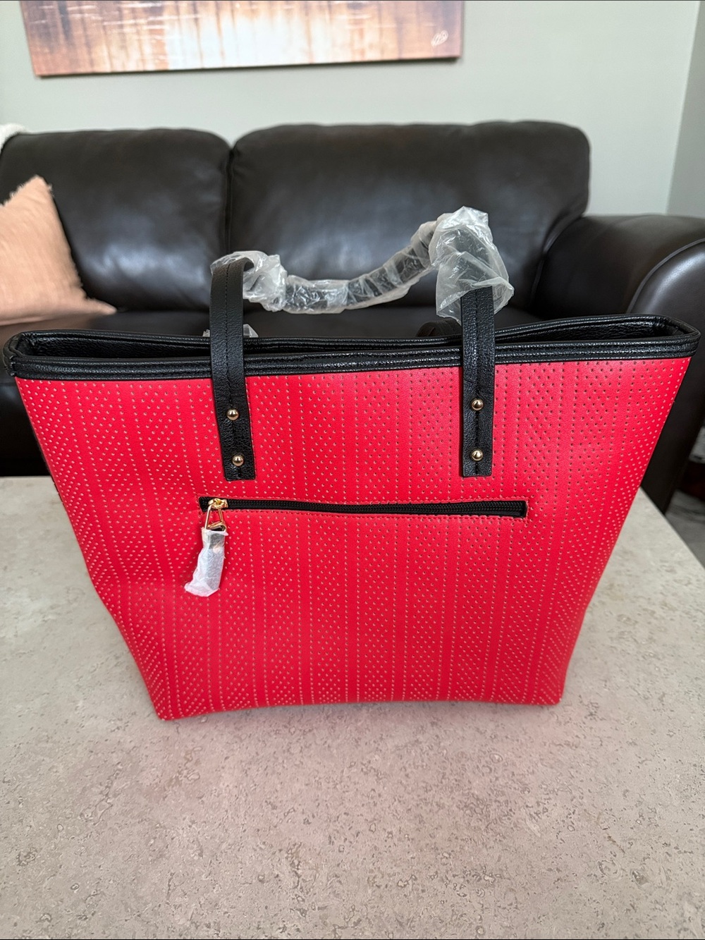 Anne Klein Red Tote with Black & Cream Center Stripe - Picture 2 of 5